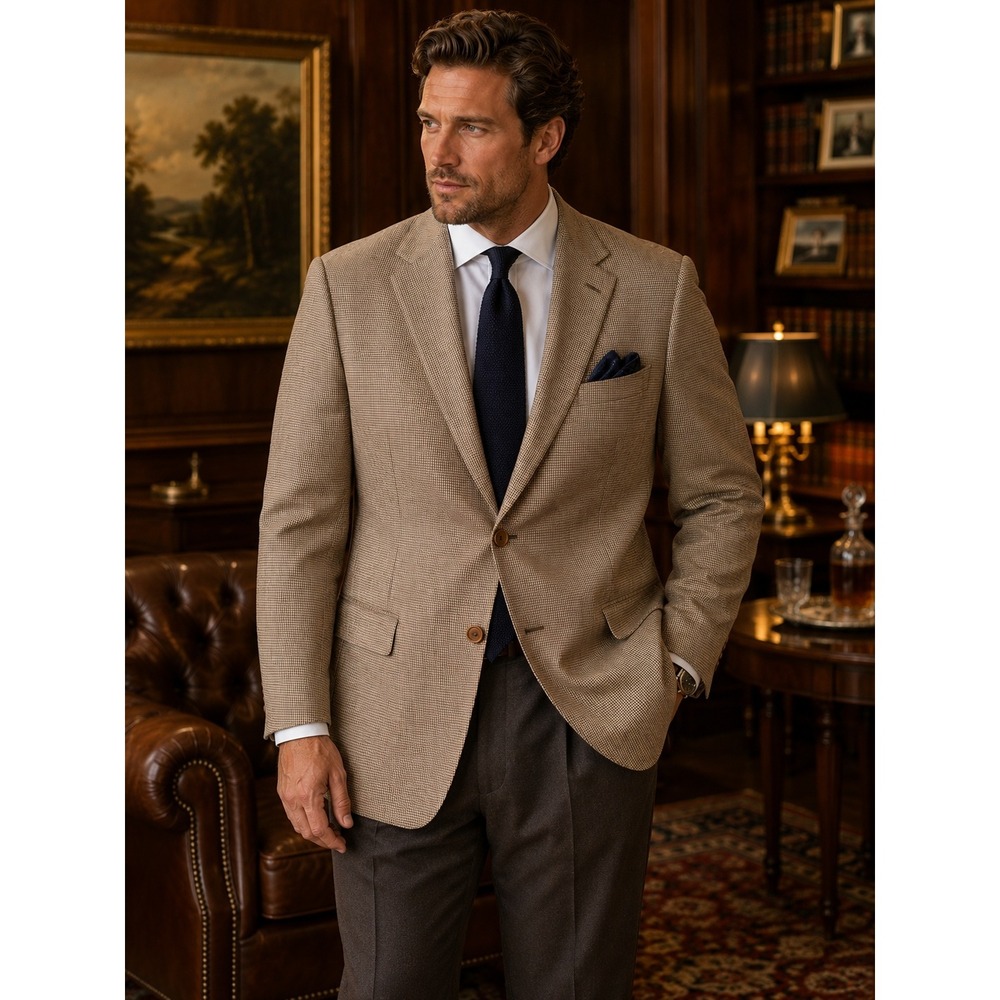 Brooks Brothers Mens Silk Wool Houndstooth Sport Coat Blazer Italy 44 Tan Brown